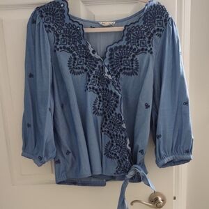 Embroidered Light Blue Tie-Front Women's Blouse